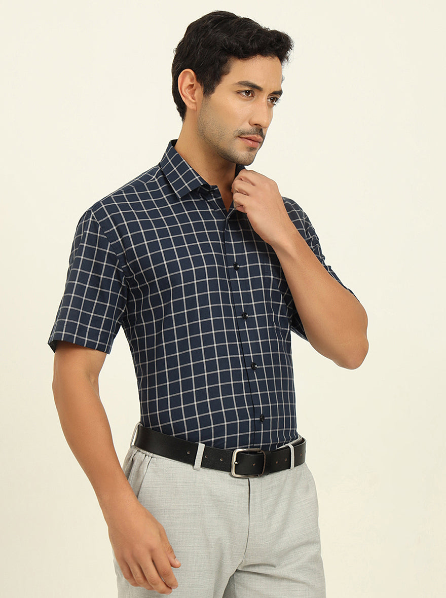 Blue & Grey Checked Regular Fit Formal Shirt | JadeBlue