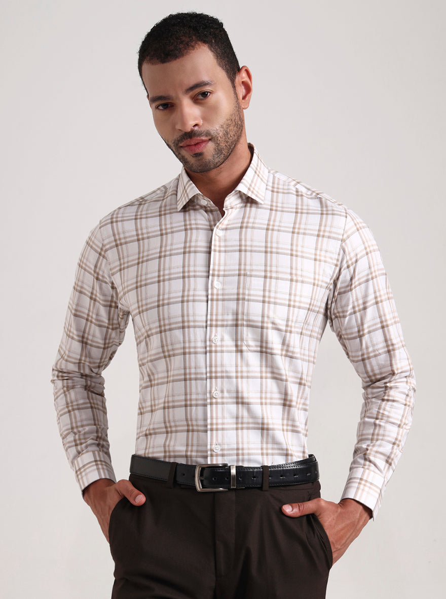 White & Brown Checked Slim Fit Formal Shirt | Metal
