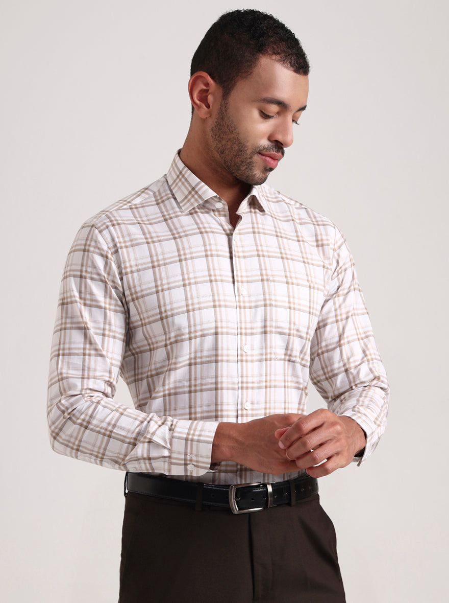 White & Brown Checked Slim Fit Formal Shirt | Metal