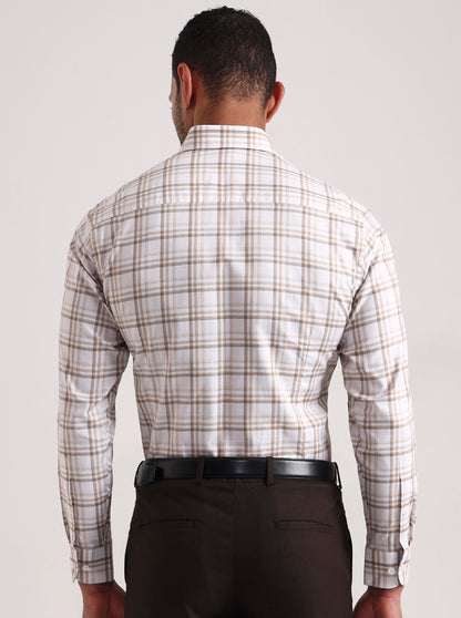 White & Brown Checked Slim Fit Formal Shirt | Metal