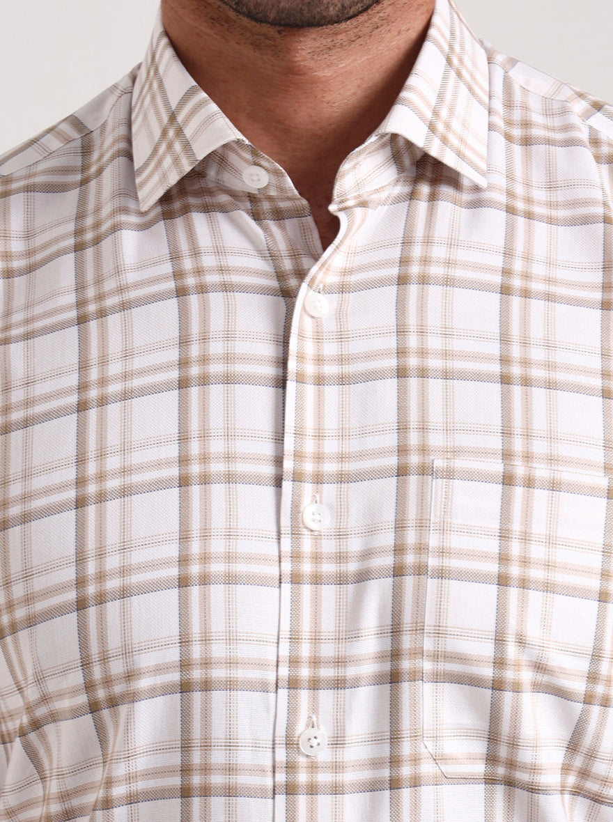 White & Brown Checked Slim Fit Formal Shirt | Metal