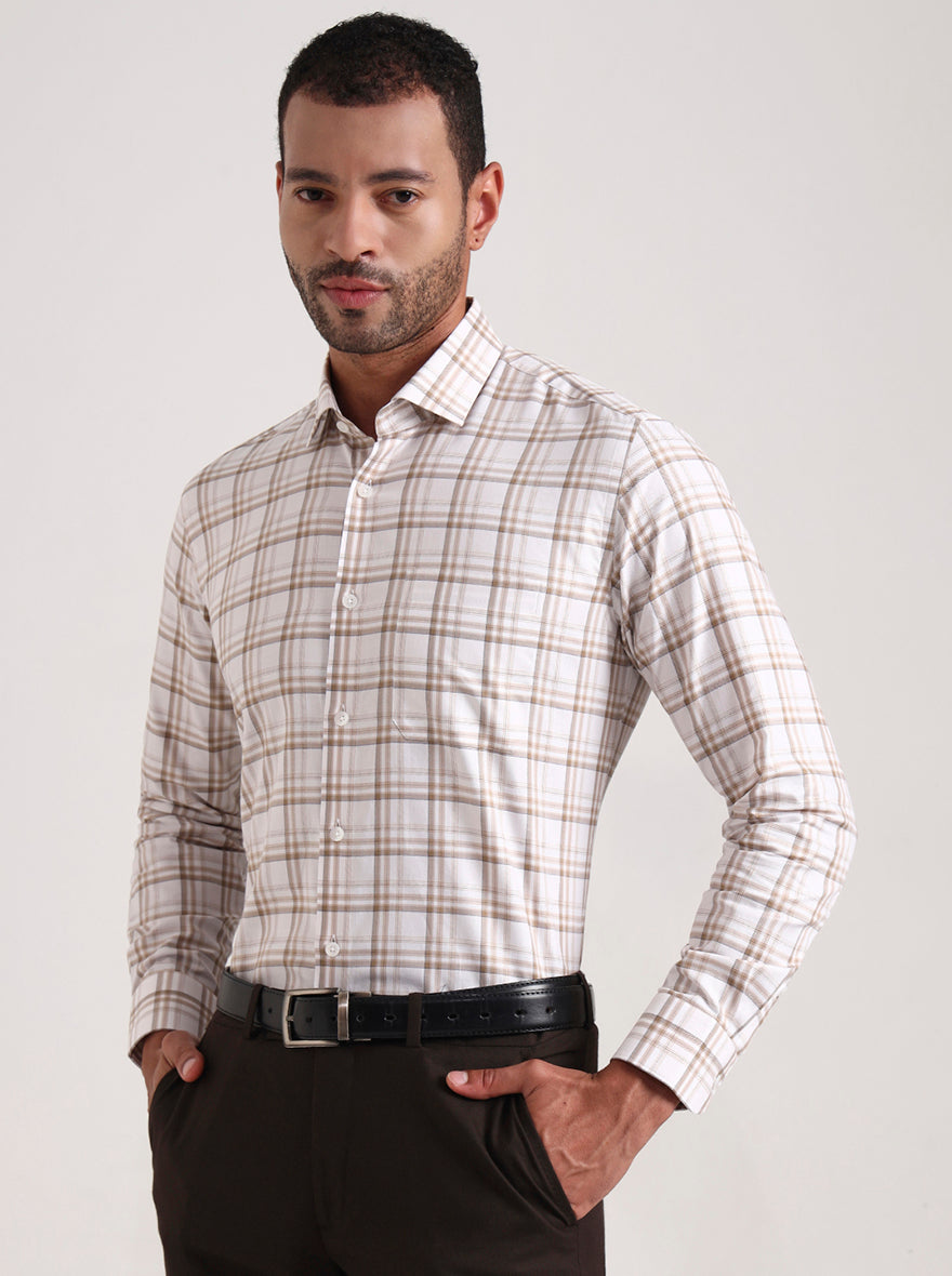 White & Brown Checked Slim Fit Formal Shirt | Metal