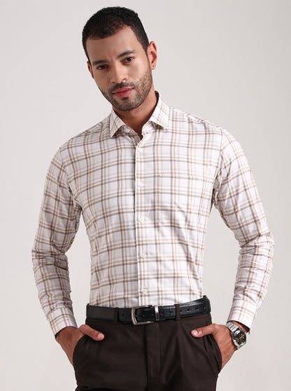 White & Brown Checked Slim Fit Formal Shirt | Metal