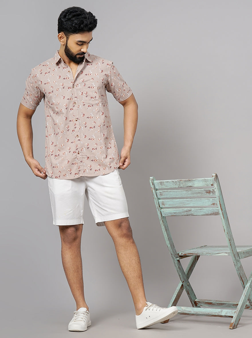 Cream Printed Slim Fit Casual Shirt | JadeBlue