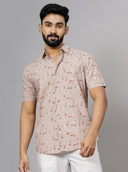 Cream Printed Slim Fit Casual Shirt | JadeBlue