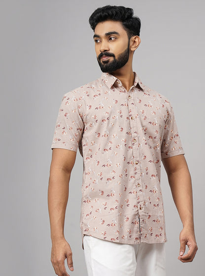Cream Printed Slim Fit Casual Shirt | JadeBlue