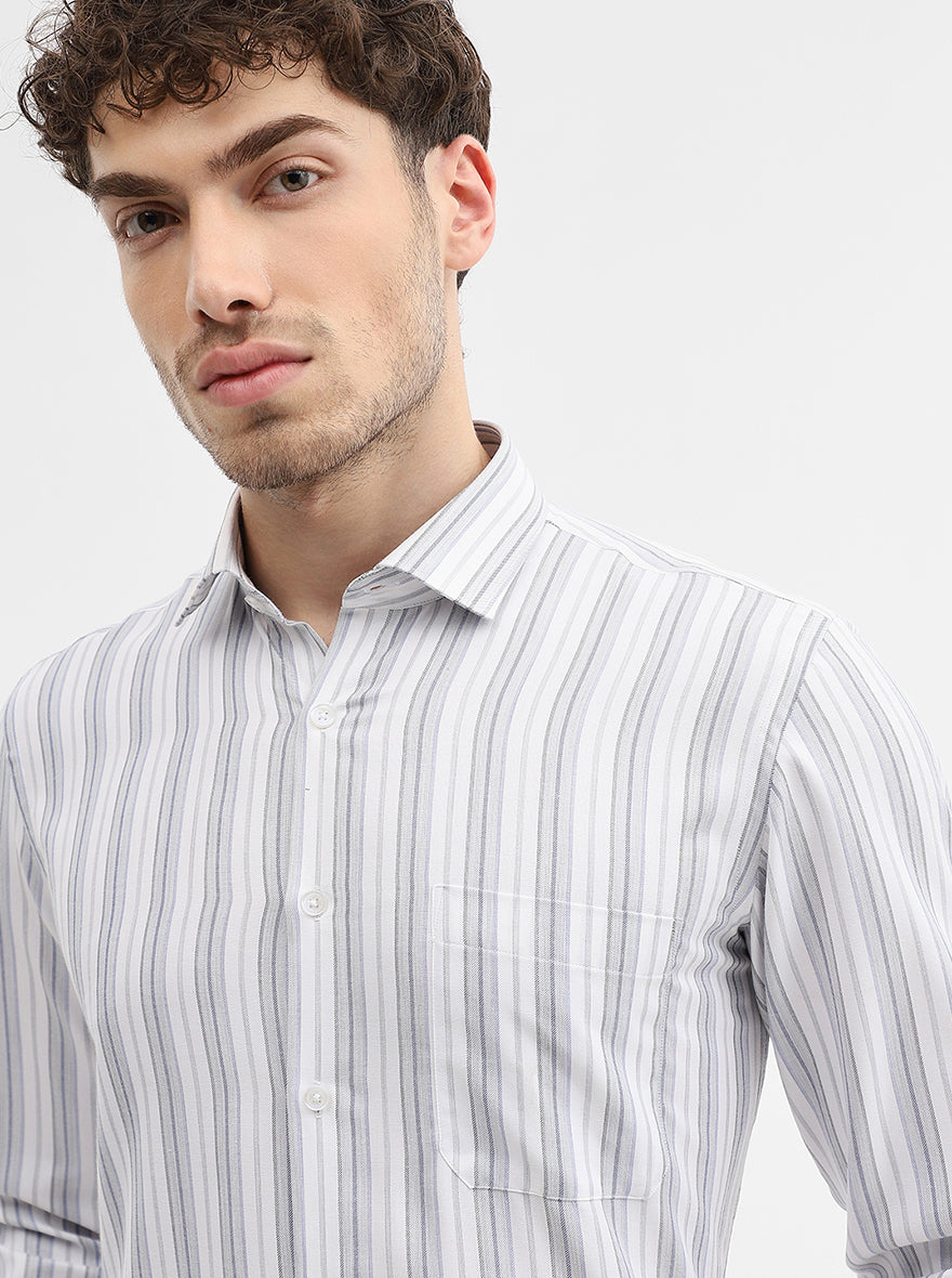 White & Grey Striped Slim Fit Formal Shirt | Greenfibre