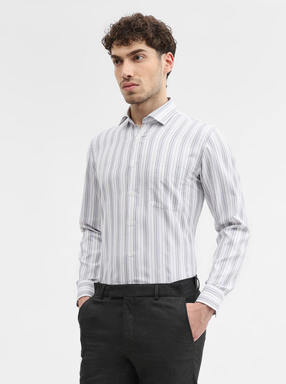 White & Grey Striped Slim Fit Formal Shirt | Greenfibre