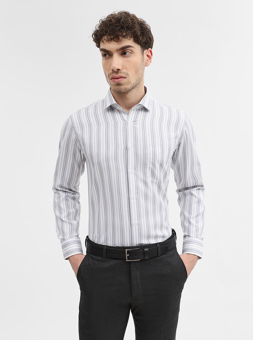 White & Grey Striped Slim Fit Formal Shirt | Greenfibre