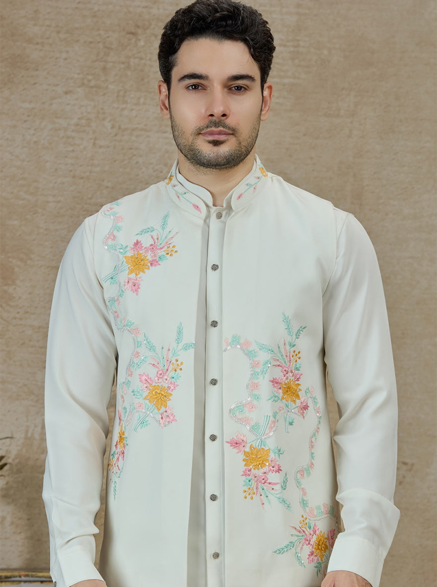 Cream Embroidered Kurta Pajama with Koti | Virasana