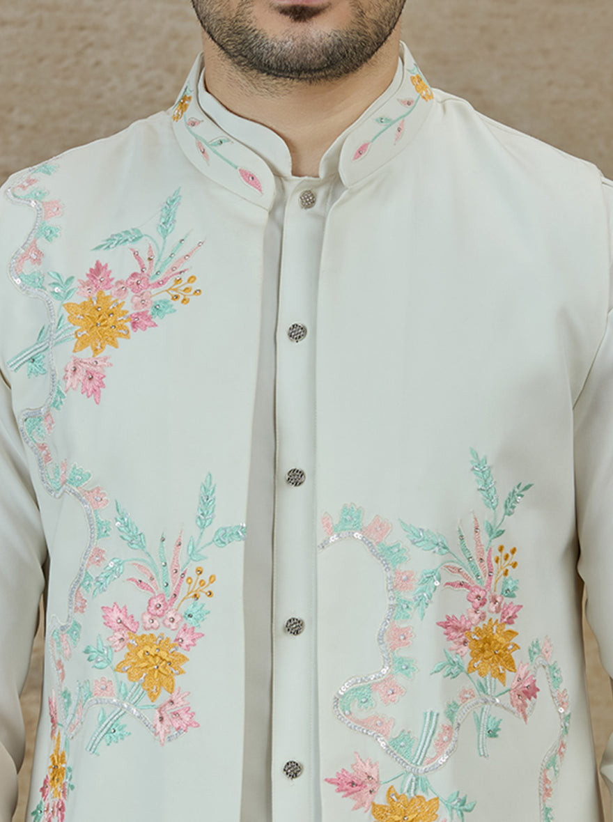 Cream Embroidered Kurta Pajama with Koti | Virasana