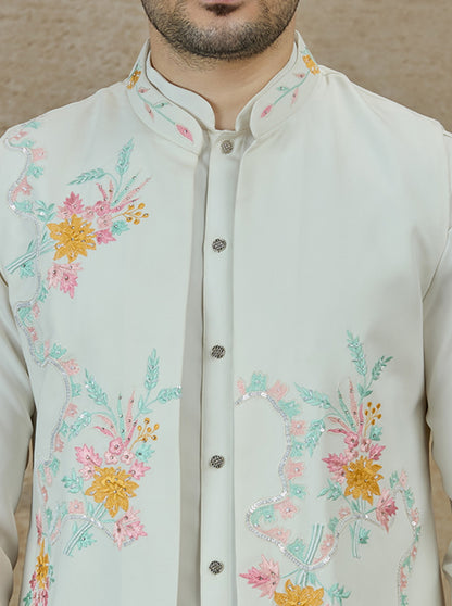 Cream Embroidered Kurta Pajama with Koti | Virasana
