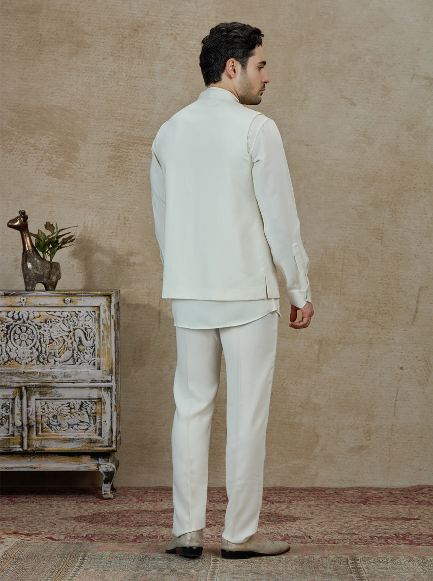 Cream Embroidered Kurta Pajama with Koti | Virasana