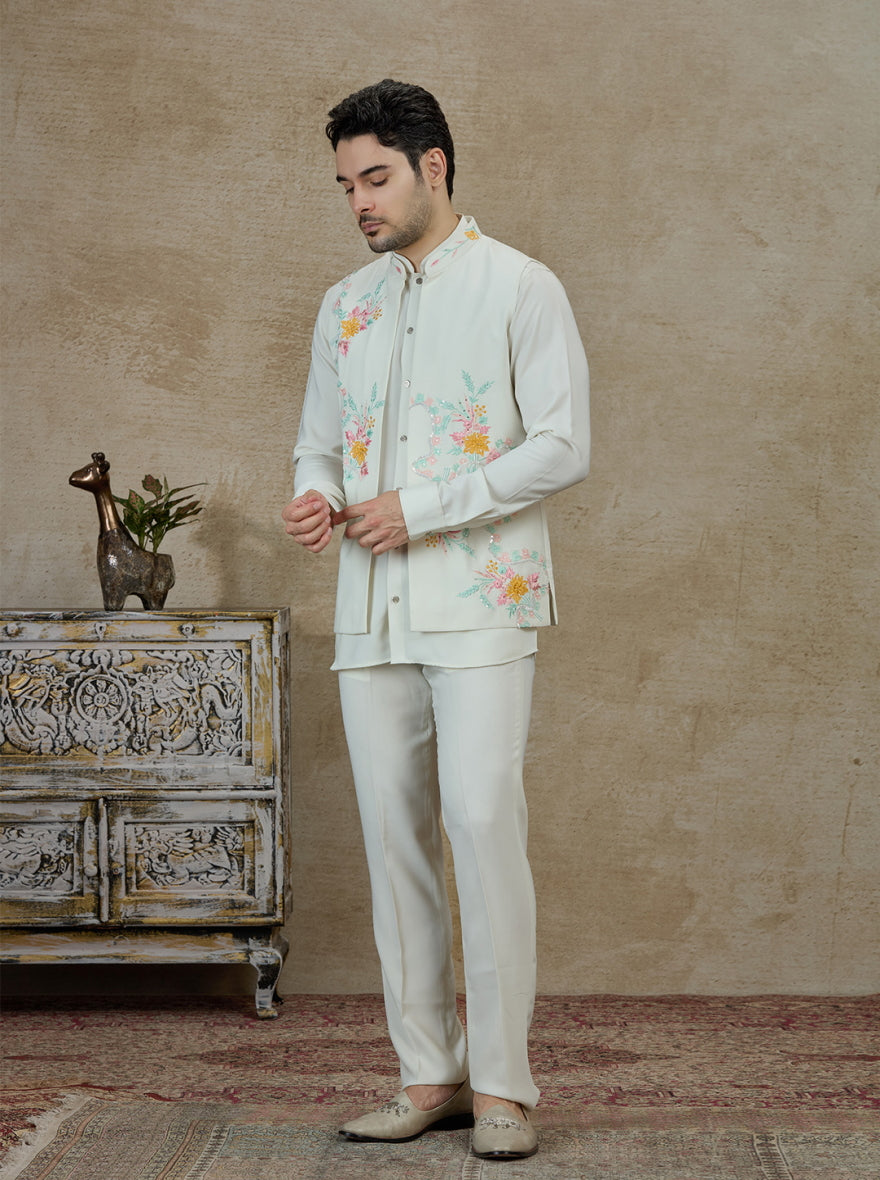 Cream Embroidered Kurta Pajama with Koti | Virasana