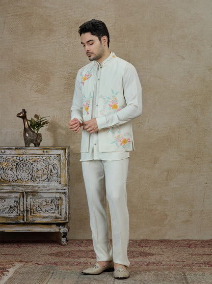 Cream Embroidered Kurta Pajama with Koti | Virasana