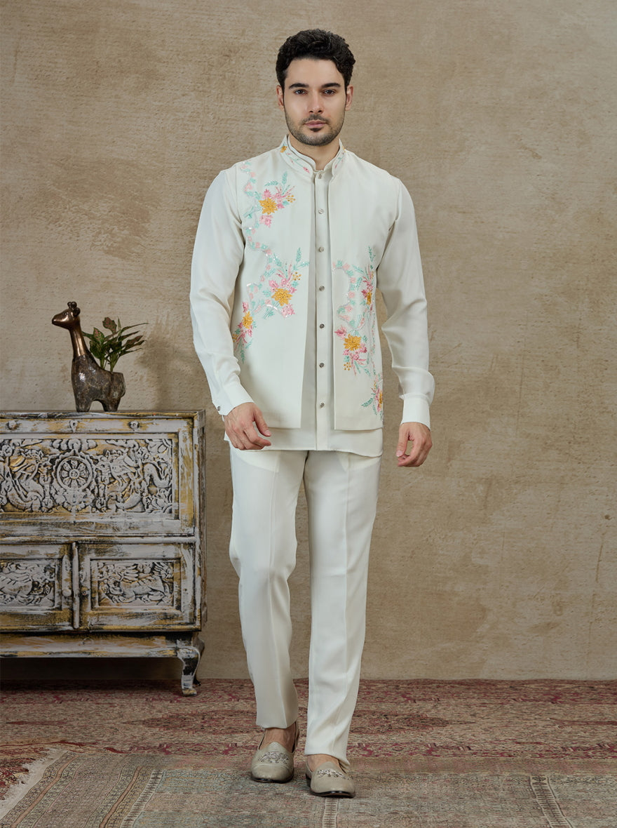 Cream Embroidered Kurta Pajama with Koti | Virasana