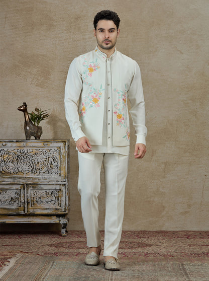 Cream Embroidered Kurta Pajama with Koti | Virasana