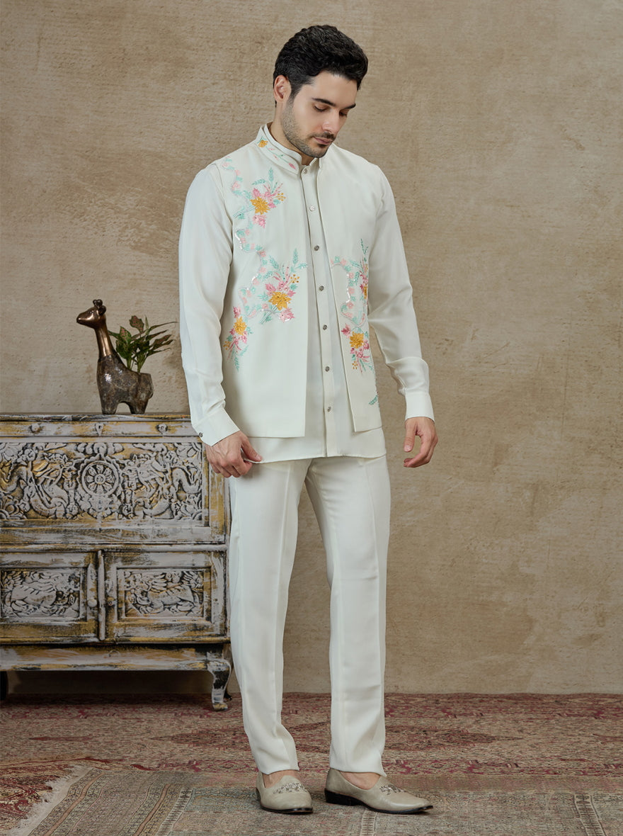 Cream Embroidered Kurta Pajama with Koti | Virasana