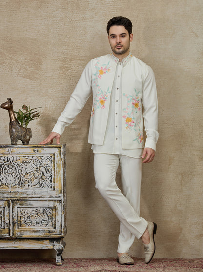 Cream Embroidered Kurta Pajama with Koti | Virasana