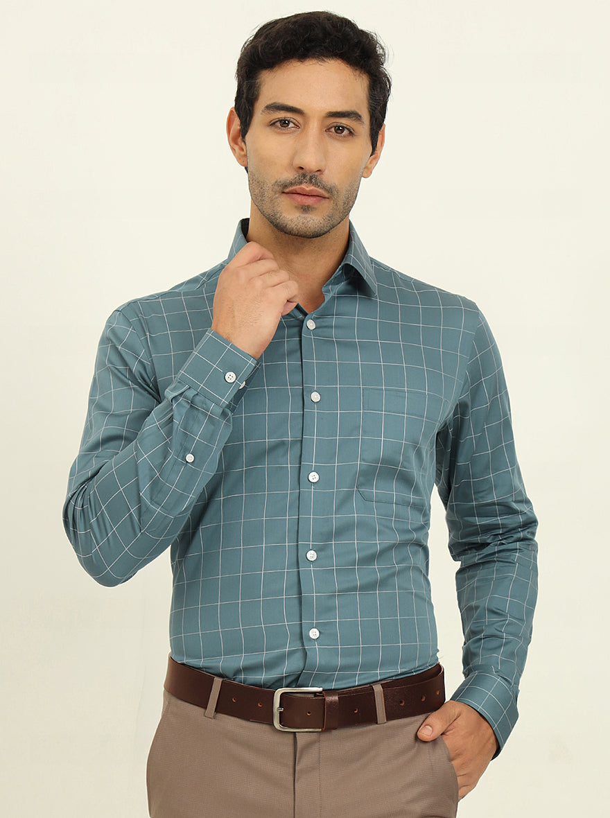 Teal Blue Checked Slim Fit Formal Shirt | JadeBlue Youth