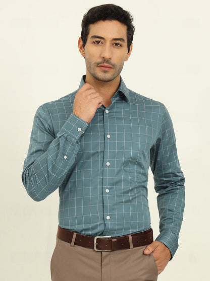Teal Blue Checked Slim Fit Formal Shirt | JadeBlue Youth