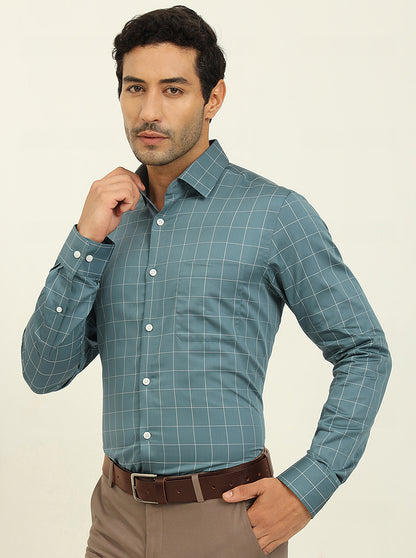 Teal Blue Checked Slim Fit Formal Shirt | JadeBlue Youth