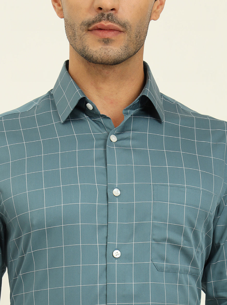 Teal Blue Checked Slim Fit Formal Shirt | JadeBlue Youth