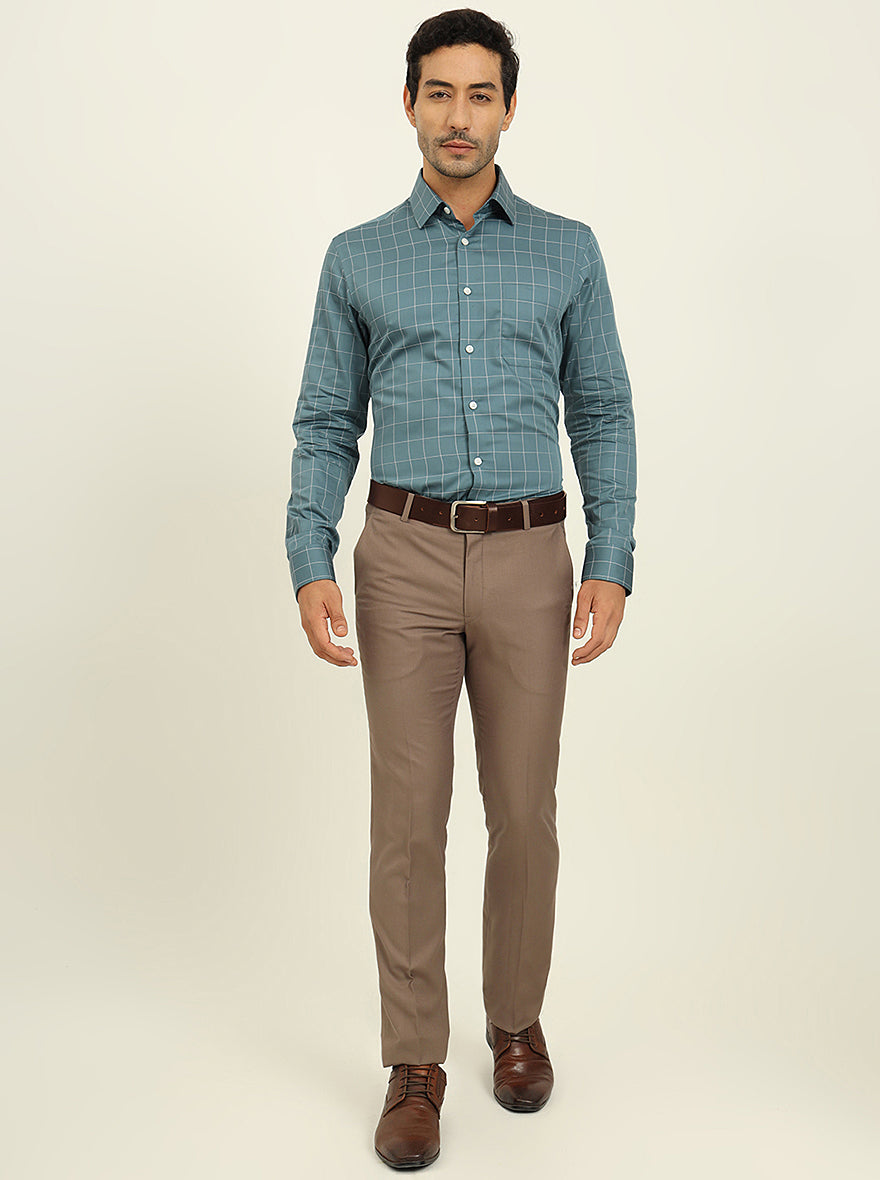 Teal Blue Checked Slim Fit Formal Shirt | JadeBlue Youth