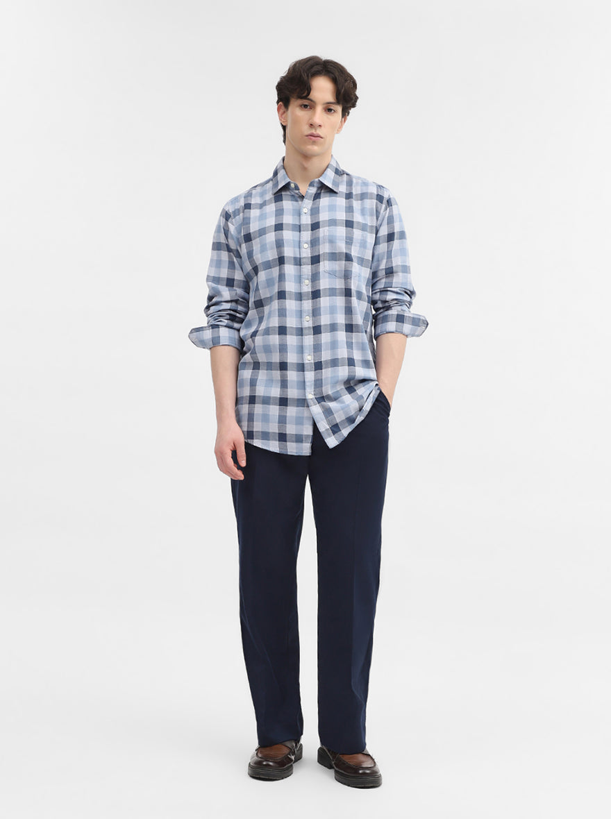 Blue Checked Slim Fit Casual Shirt | JadeBlue