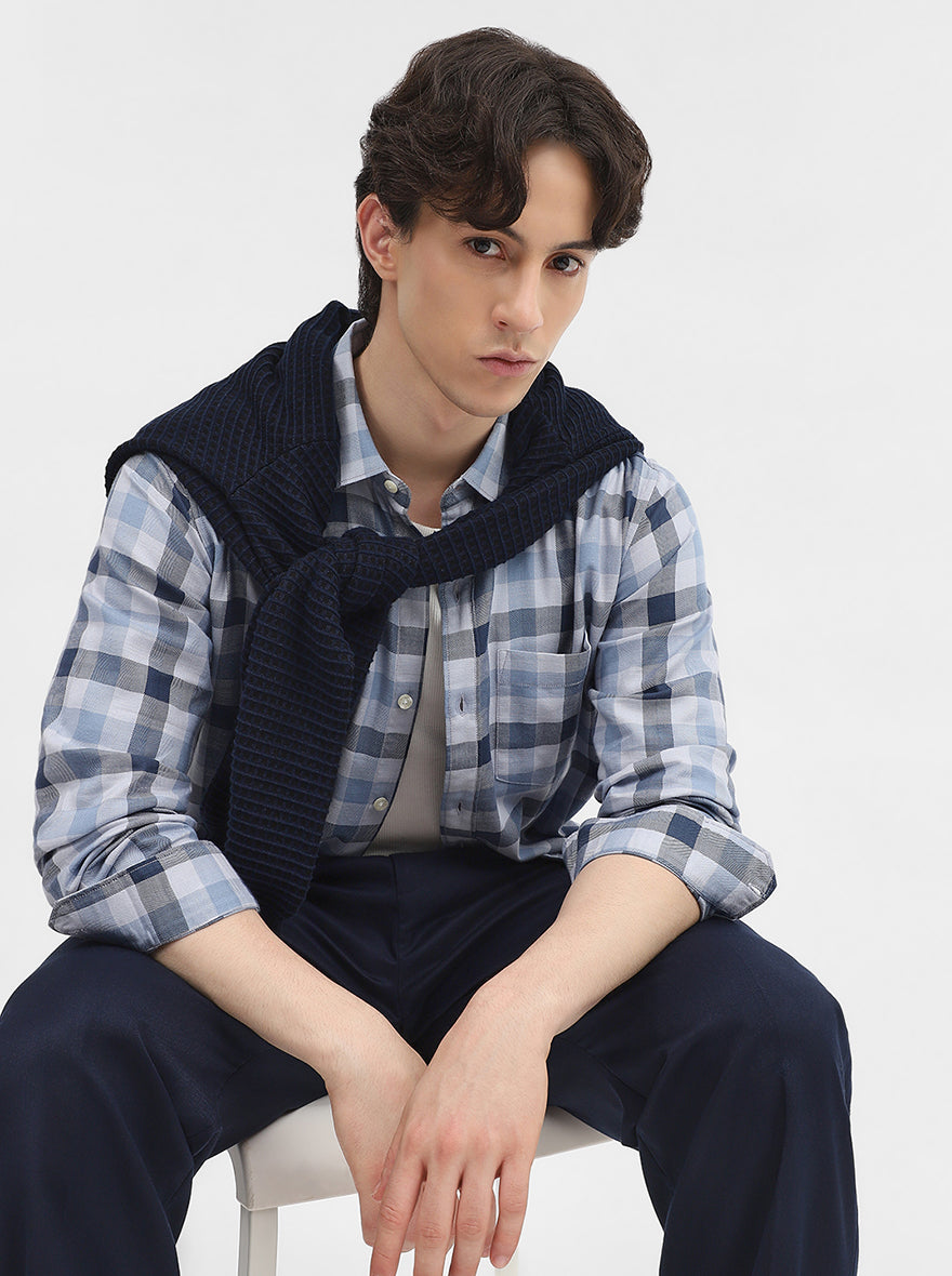 Blue Checked Slim Fit Casual Shirt | JadeBlue