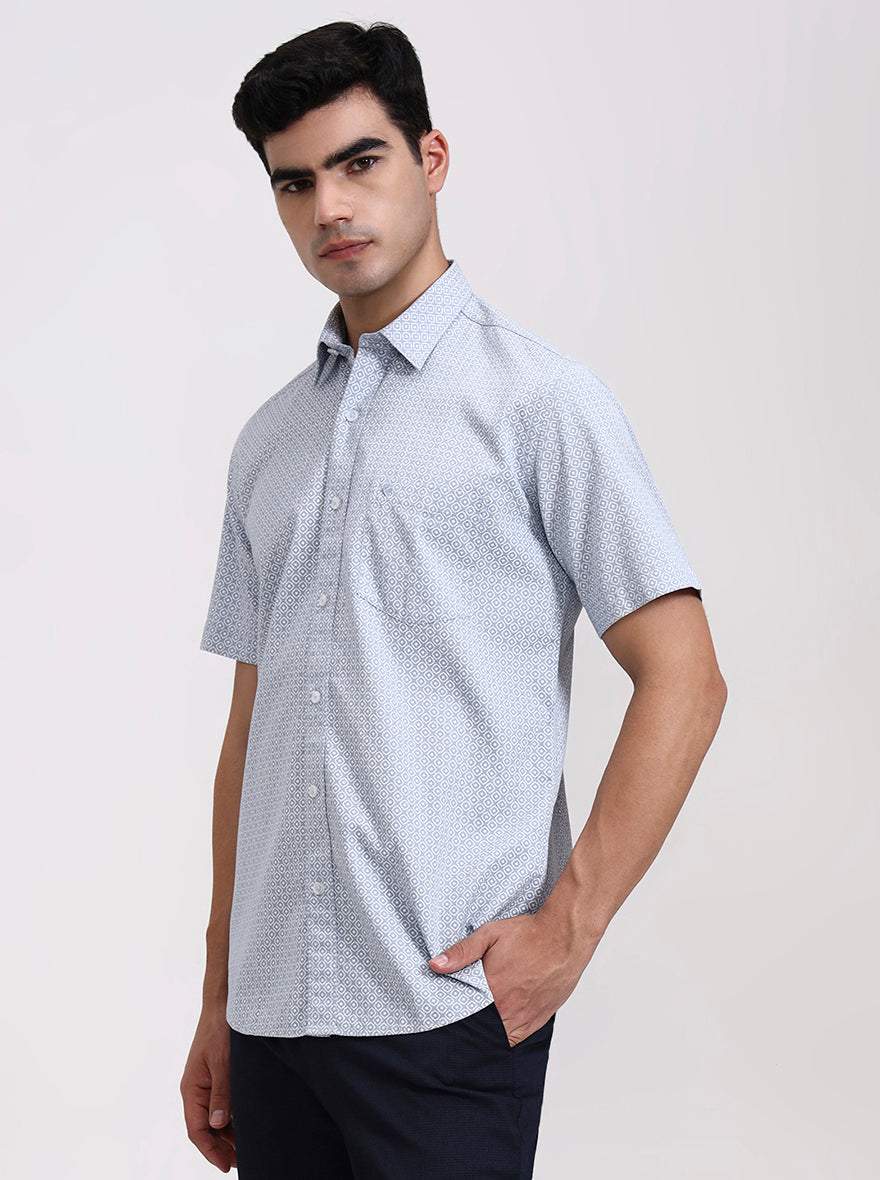 Blue Printed Slim Fit Semi Casual Shirt | Greenfibre