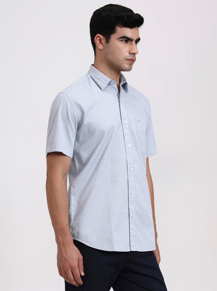 Blue Printed Slim Fit Semi Casual Shirt | Greenfibre