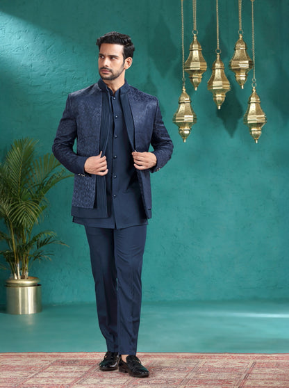 Navy Blue Self Design Jodhpuri Suit | TULA