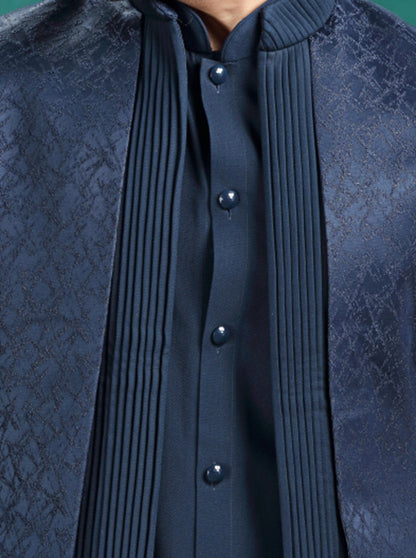Navy Blue Self Design Jodhpuri Suit | TULA