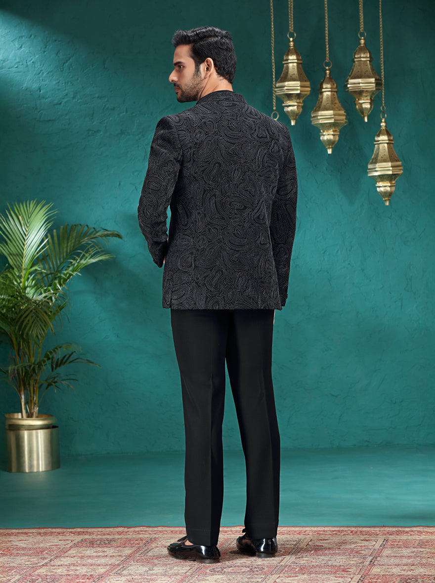 Navy Blue Self Design Jodhpuri Suit | TULA