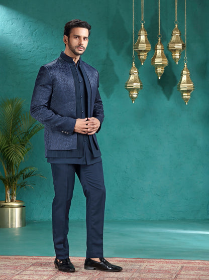 Navy Blue Self Design Jodhpuri Suit | TULA