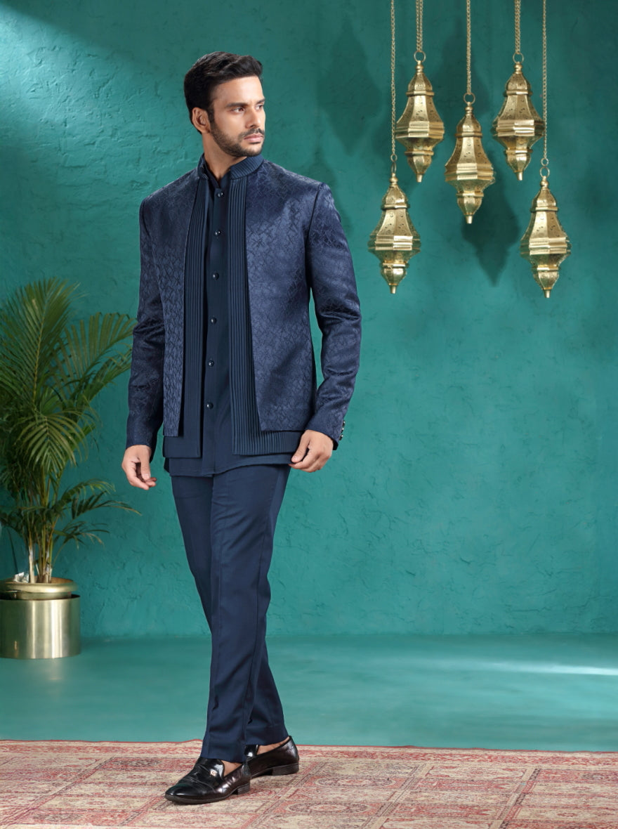 Navy Blue Self Design Jodhpuri Suit | TULA
