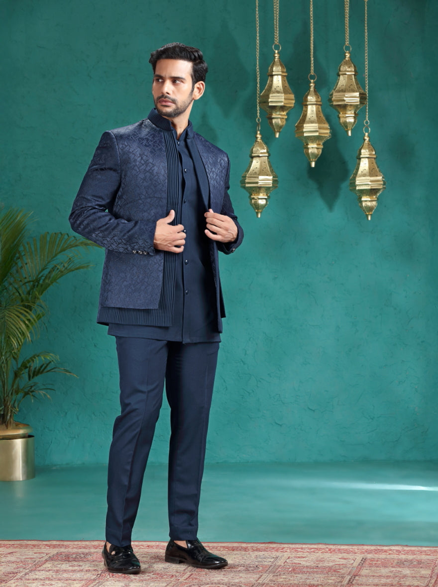 Navy Blue Self Design Jodhpuri Suit | TULA