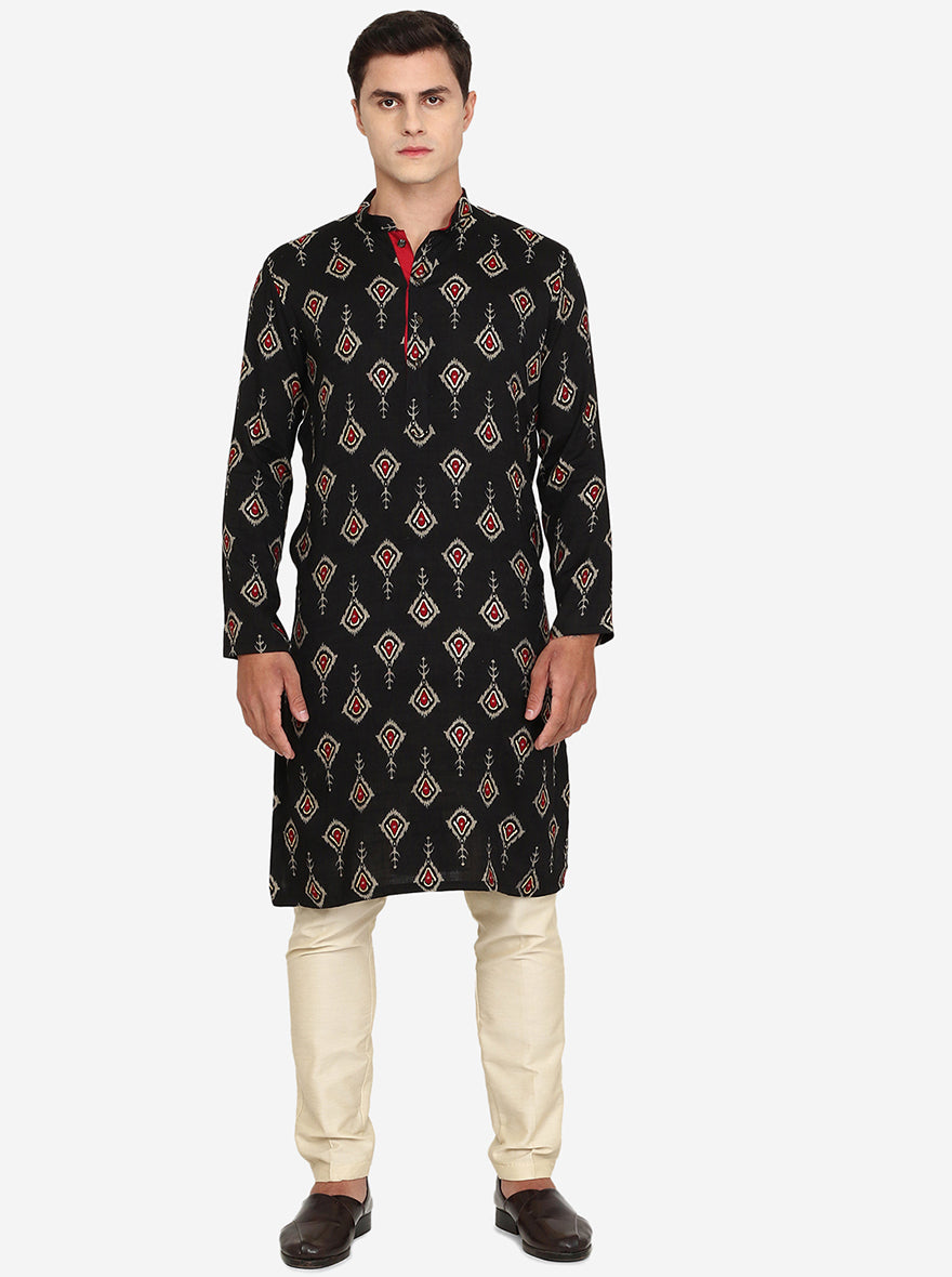 Black Printed Cotton Blend Kurta | The Kurta Company