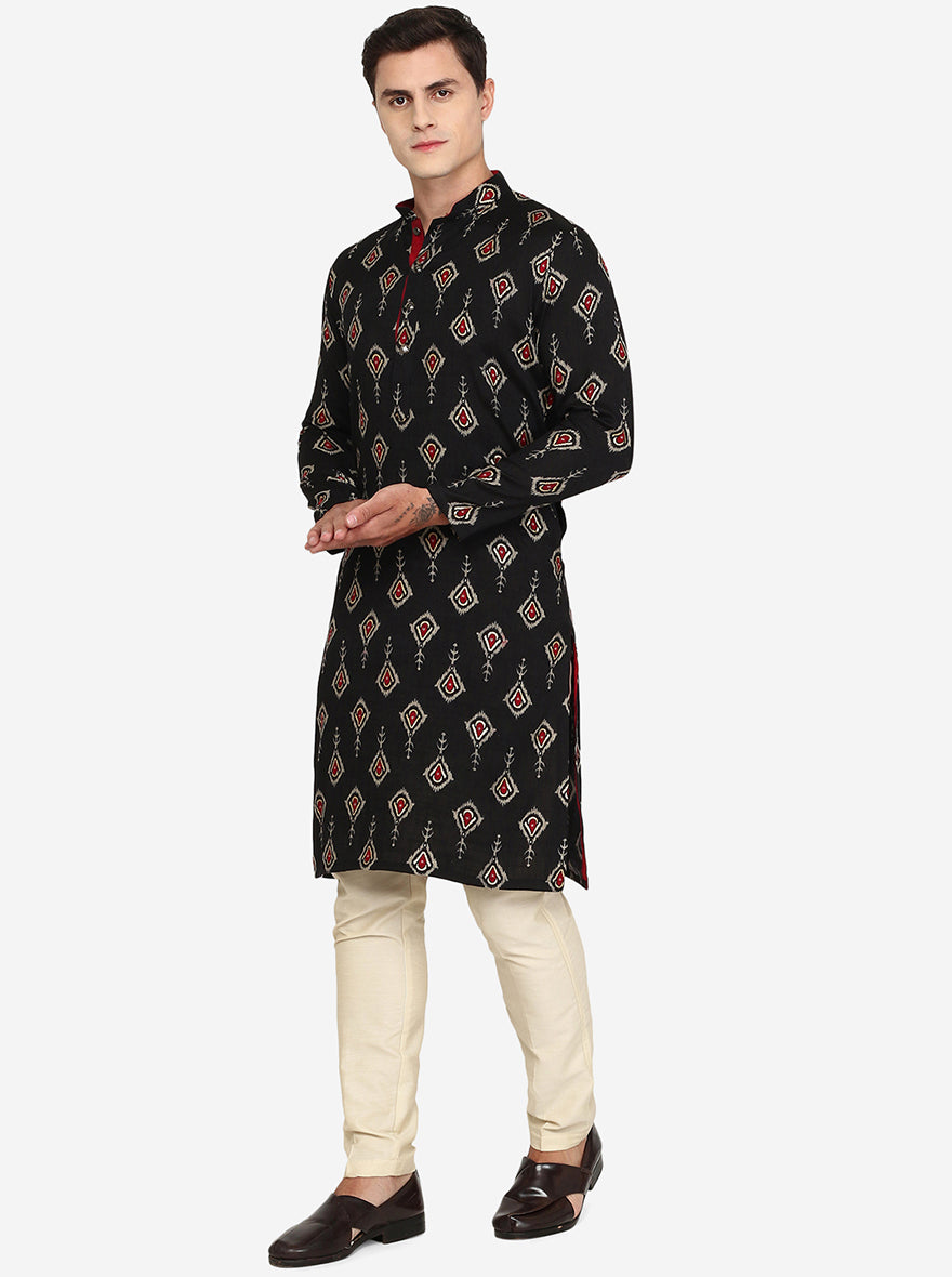 Black Printed Cotton Blend Kurta | The Kurta Company