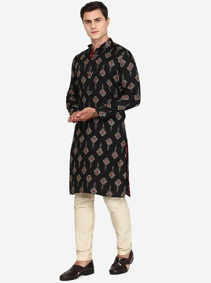 Black Printed Cotton Blend Kurta | The Kurta Company