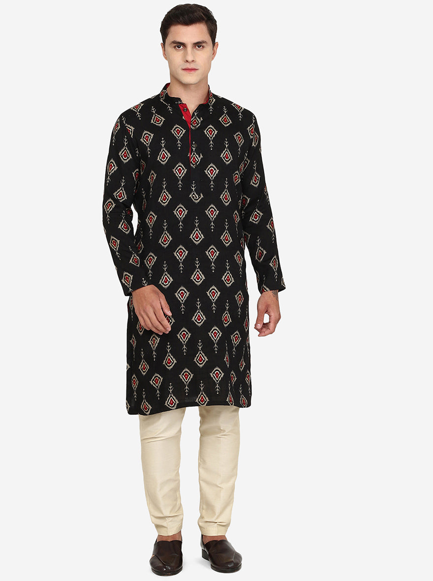 Black Printed Cotton Blend Kurta | The Kurta Company