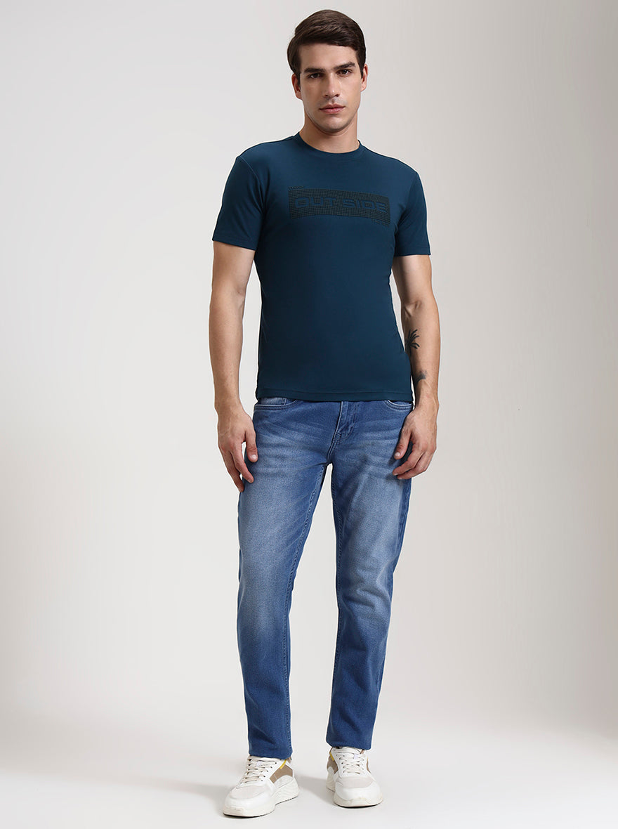 Teal Printed Slim Fit T-Shirt | JadeBlue