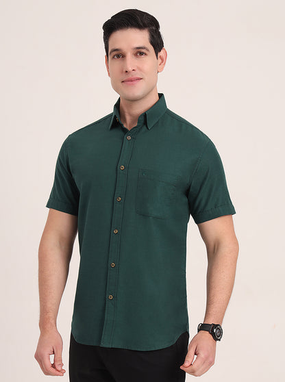 Bottle Green Solid Slim Fit Casual Shirt | Greenfibre