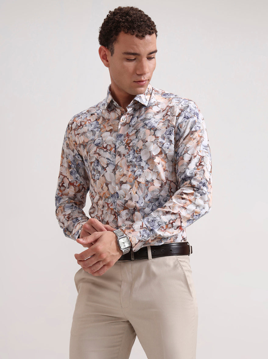 Peach Printed Slim Fit Party Wear Shirt | Wyre