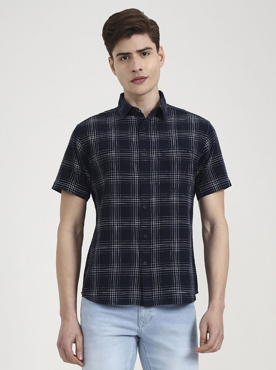 Navy Blue Checked Slim Fit Casual Shirt | Greenfibre