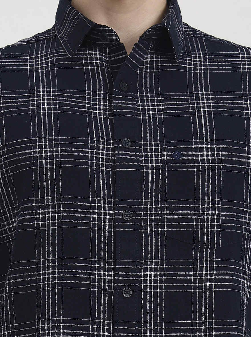 Navy Blue Checked Slim Fit Casual Shirt | Greenfibre