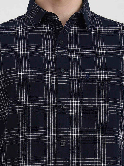 Navy Blue Checked Slim Fit Casual Shirt | Greenfibre