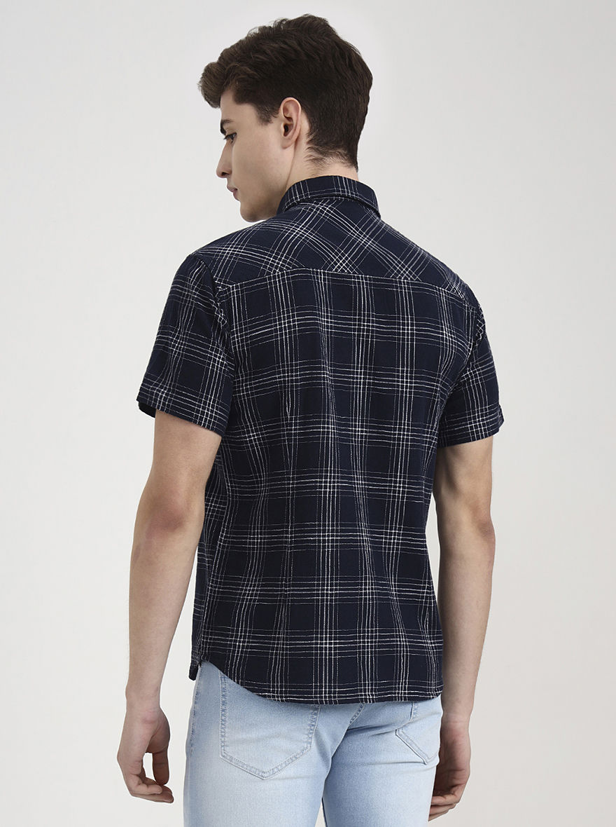 Navy Blue Checked Slim Fit Casual Shirt | Greenfibre