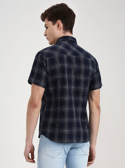 Navy Blue Checked Slim Fit Casual Shirt | Greenfibre